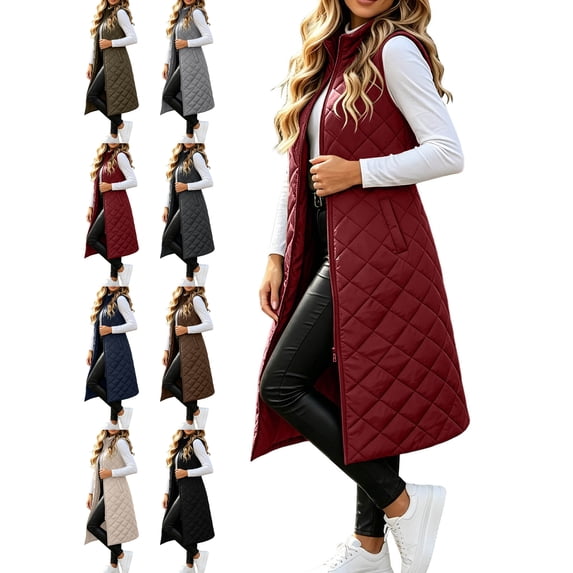 Women's Sleeveless Puffer Vests,Stand Collar Zip Up Oversized Long Quilted Warm Coat With Pockets