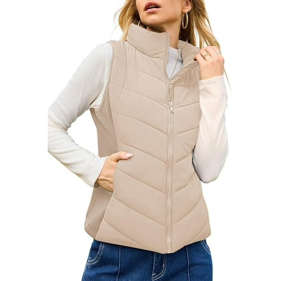 Women's Sleeveless Quilted Puffer Vest – Winter Warm Zip‑Up Outerwear with Stand Collar, Side Pockets, Lightweight Insulated Vest for Fall, Winter, Spring