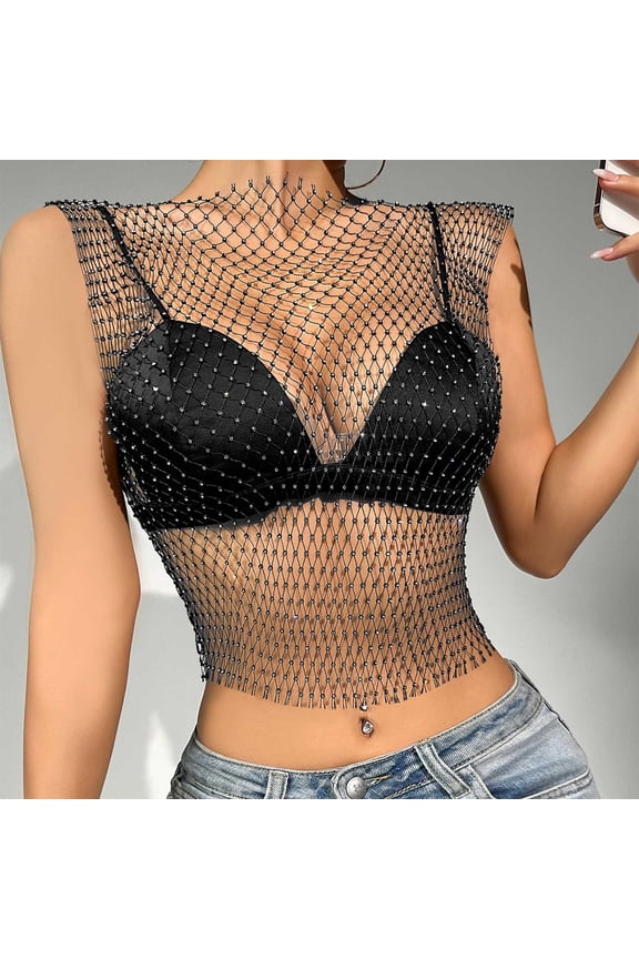 Women's Sleeveless Rhinestone Fishnet Mesh Beach Cover-Up Top, Sheer Cropped Tunic, Lightweight Swimwear for Pool, Beach, Raves, Parties and Casual Wear Black XS