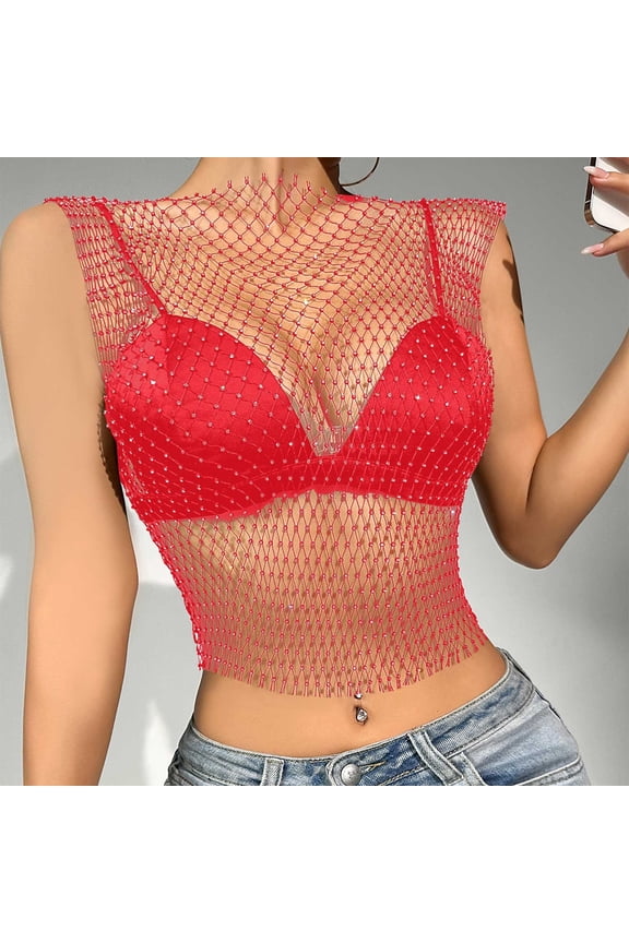 Women's Sleeveless Rhinestone Fishnet Mesh Beach Cover-Up Top, Sheer Cropped Tunic, Lightweight Swimwear for Pool, Beach, Raves, Parties and Casual Wear Red S