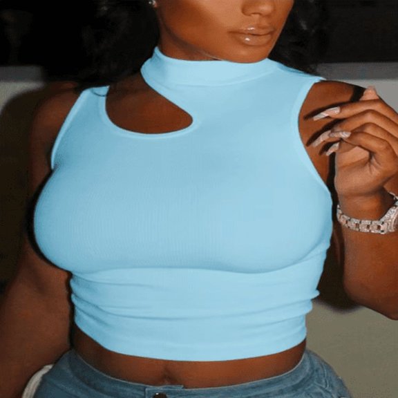Women's Sleeveless Ribbed Crop Top with Chest Cutout, Blue, Medium