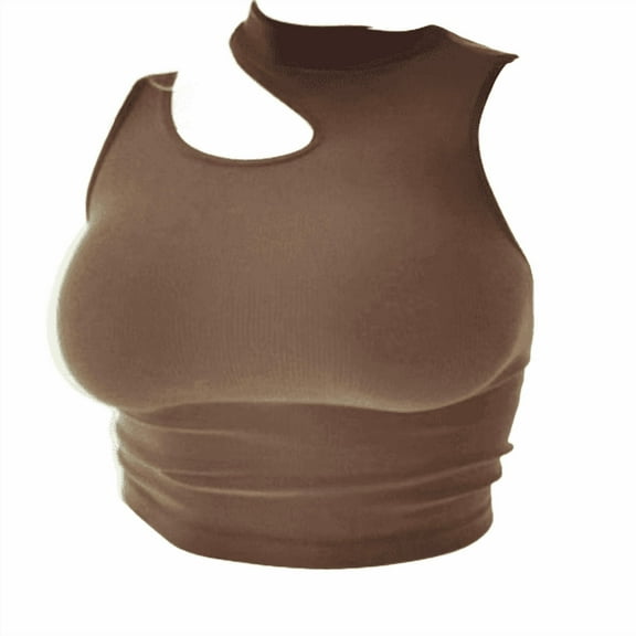 Women's Sleeveless Ribbed Crop Top with Chest Cutout, Brown, Medium