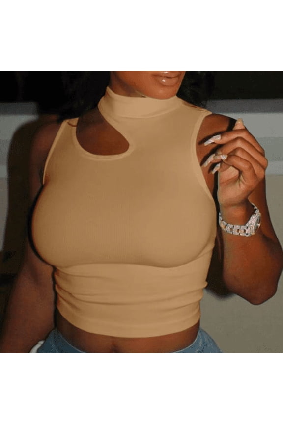 Women's Sleeveless Ribbed Crop Top with Chest Cutout, Khaki, XLarge