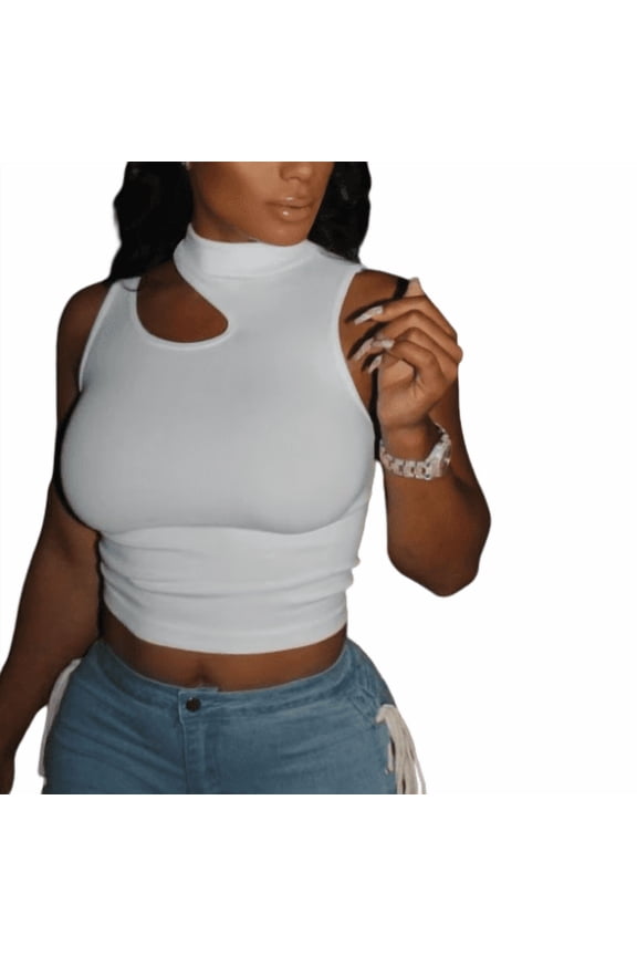 Women's Sleeveless Ribbed Crop Top with Chest Cutout, White, Large