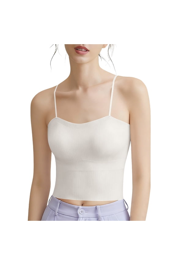 Women's Sleeveless Ribbed Knit Camisole Built in Bra, Padded Seamless Crop Tank Tops Yoga Athletic Slim Fit Spaghetti Strap Cami Shelf Summer Outfits 2026