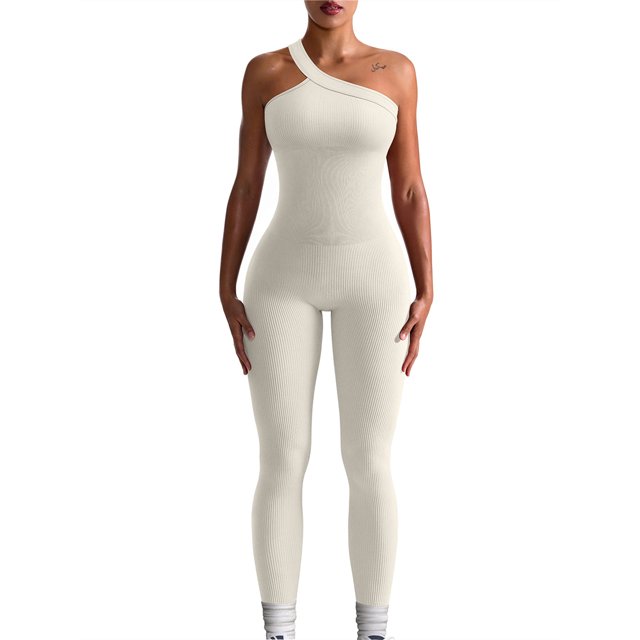Women's Sleeveless Ribbed Knitted Yoga Jumpsuits One Shoulder Bodycon