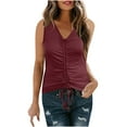 thumbnail image 1 of Women's Sleeveless Ribbed V Neck Tank Tops Henley Solid Summer Slim Fit Ruched Drawstring Tanks Vest Blouses T Shirts, 1 of 5