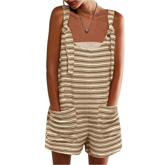 Women's Sleeveless Romper Jumpsuit - Loose Striped Summer Casual Overalls with Pockets & Adjustable Straps ,Khaki,2XL