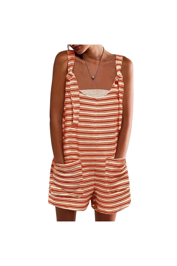 Women's Sleeveless Romper Jumpsuit - Loose Striped Summer Casual Overalls with Pockets & Adjustable Straps ,Orange,M