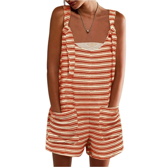 Women's Sleeveless Romper Jumpsuit - Loose Striped Summer Casual Overalls with Pockets & Adjustable Straps ,Orange,XL