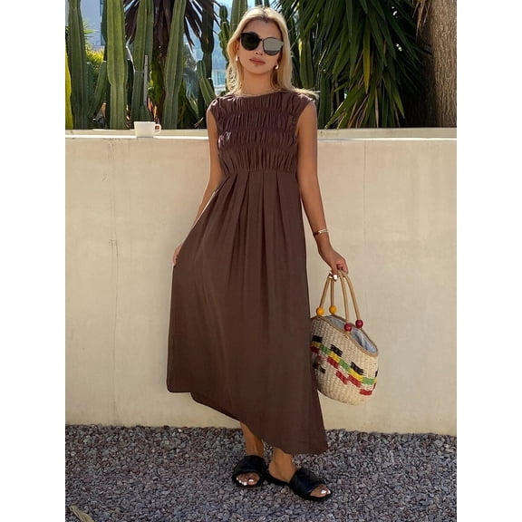 Women's Sleeveless Round Neck Midi Dress, Smocked Bodice Waist-Cinching Flowy Dress, Elegant Casual Dress for Vacation and Party