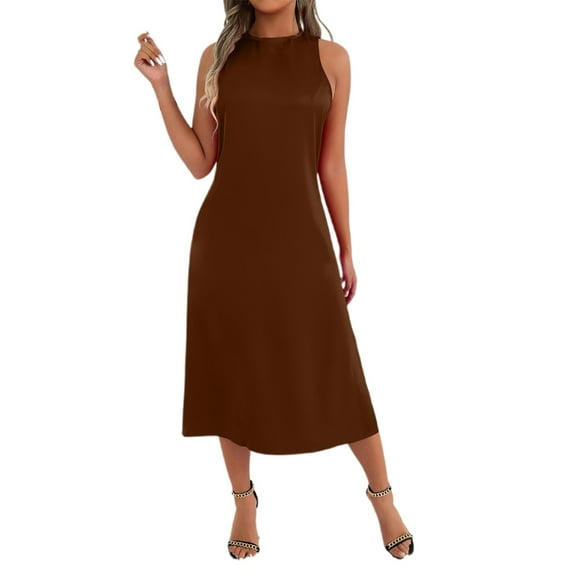 Women's Sleeveless Round Neck Split Hem Dress - Flowy Casual Summer Party Outfit - Loose Fit - XS-XXL Sizes