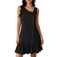 thumbnail image 1 of Women's Sleeveless Ruffle Hem Mini Dress Ribbed Textured Shift Dress Asymmetrical Neck Summer Beach Sundress Street Casual Outfit Black, 1 of 6