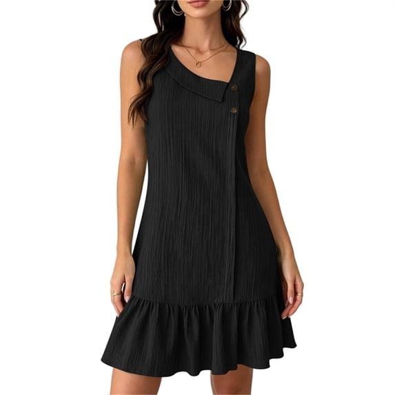 Women's Sleeveless Ruffle Hem Mini Dress Ribbed Textured Shift Dress Asymmetrical Neck Summer Beach Sundress Street Casual Outfit Black