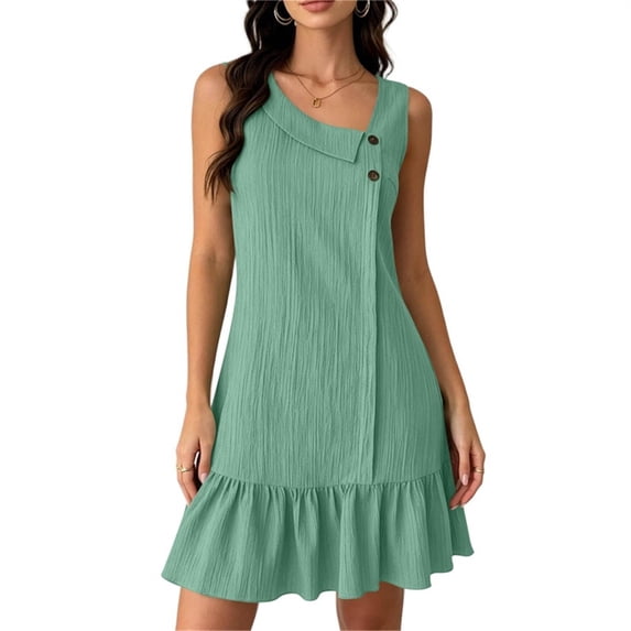Women's Sleeveless Ruffle Hem Mini Dress Ribbed Textured Shift Dress Asymmetrical Neck Summer Beach Sundress Street Casual Outfit Green