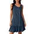 thumbnail image 1 of Women's Sleeveless Ruffle Hem Mini Dress Ribbed Textured Shift Dress Asymmetrical Neck Summer Beach Sundress Street Casual Outfit Navy, 1 of 6