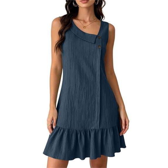 Women's Sleeveless Ruffle Hem Mini Dress Ribbed Textured Shift Dress Asymmetrical Neck Summer Beach Sundress Street Casual Outfit Navy