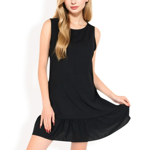 Women's Sleeveless Ruffle Hem Textured Shift Dress- Black,Small