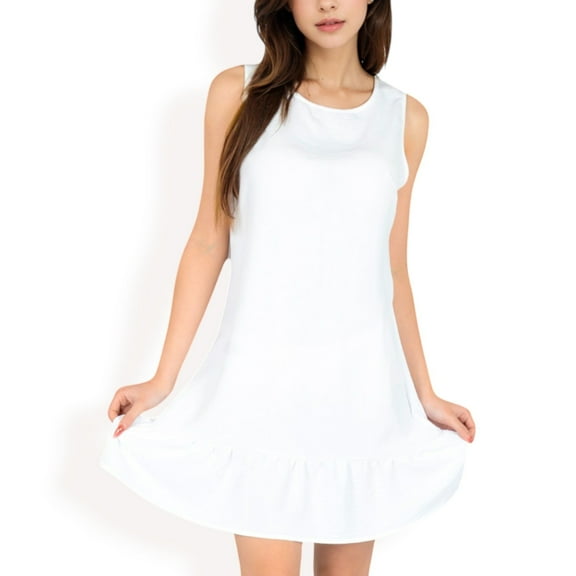 Women's Sleeveless Ruffle Hem Textured Shift Dress- White,Large