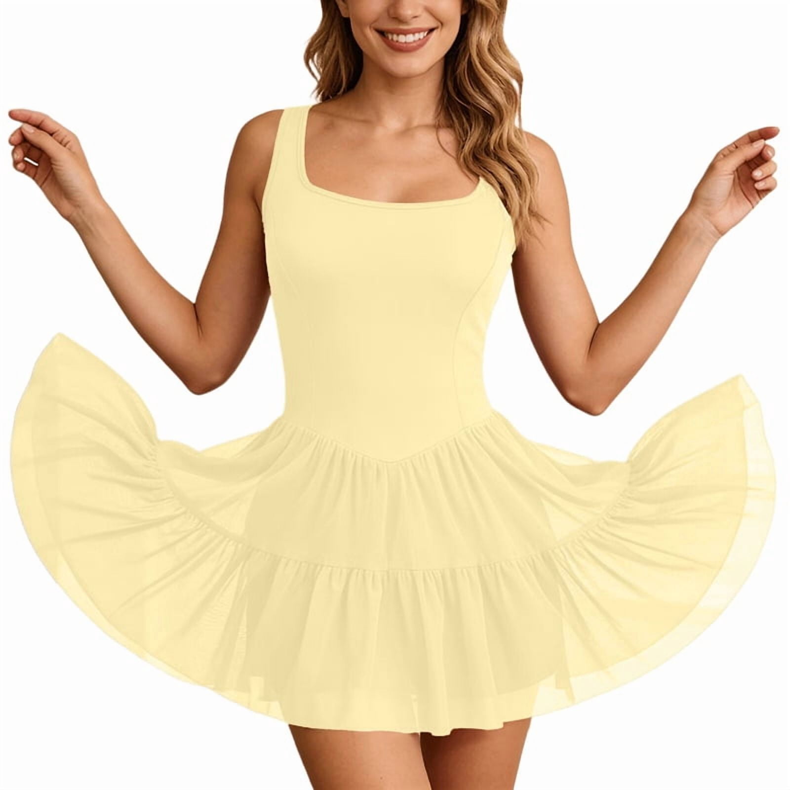 Women's Sleeveless Ruffle Pleated Mini Flowy Athletic Dress for Golf Tennis Yellow XL