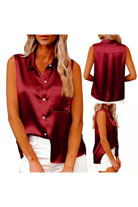 Women's Sleeveless Satin Blouse Button Down Shirt Tops for Women Business Casual Work Office Vacation Outfits Fashion Essential Gift for Ladies | Aestivo,Red L