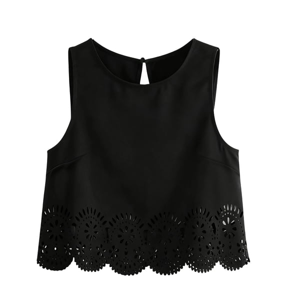Women's Sleeveless Scallop Trim Tank Tops Hollow Out Crop Top Summer Vest Black L