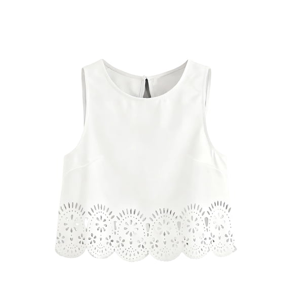 Women's Sleeveless Scallop Trim Tank Tops Hollow Out Crop Top Summer Vest White XL