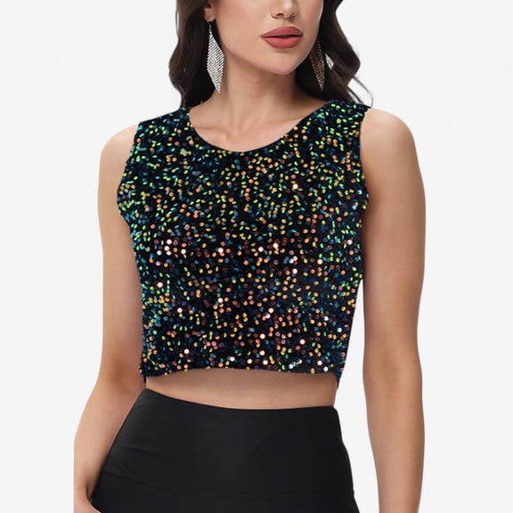 Women's Sleeveless Sequin Crop Top with Round Neckline and Sparkle Embellishment - Medium, Multicolored