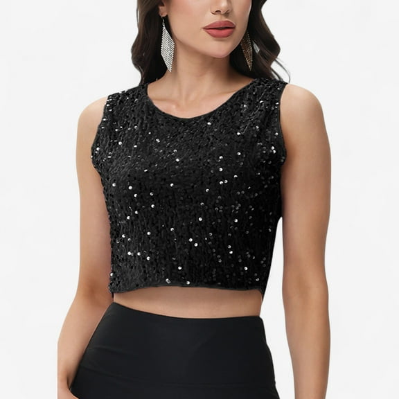 Women's Sleeveless Sequin Crop Top with Round Neckline and Sparkle Embellishment - XX Large, Black