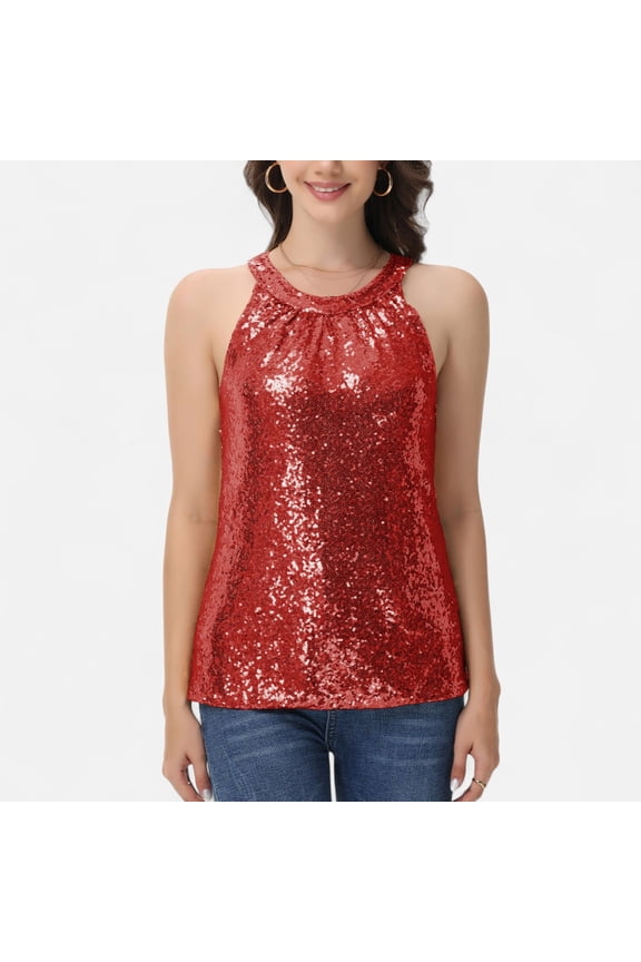 Women's Sleeveless Sequin Halter Top with Pleated Neckline and Sparkling Finish - Large, Red
