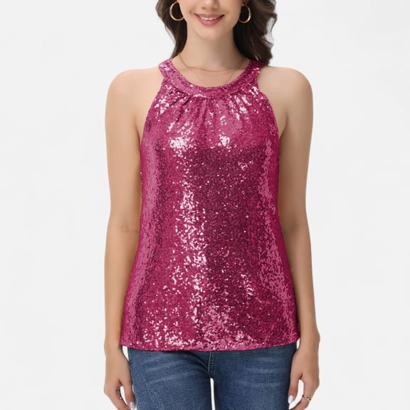 Women's Sleeveless Sequin Halter Top with Pleated Neckline and Sparkling Finish - XX Large, Fushia