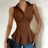 Women's Sleeveless Shirt Baeitkot Women's Solid Color Collared Sleeveless Ruffled Button-down Slim Shirt Brown XXL