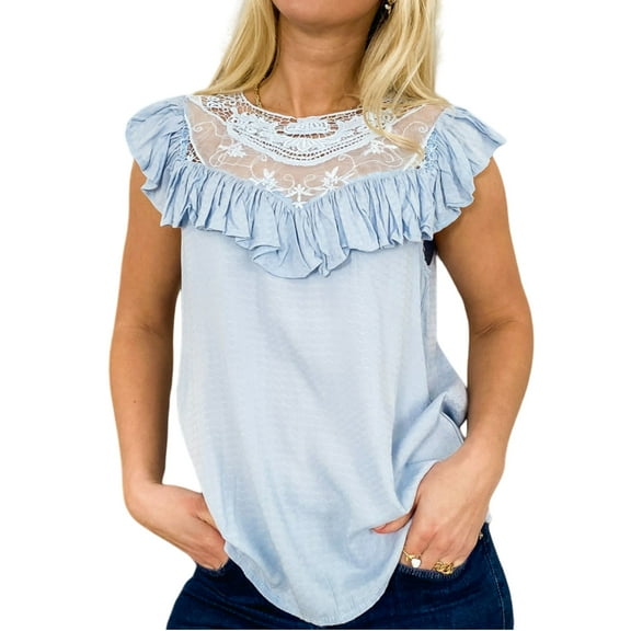 Women's Sleeveless Shirt with Lace Pattern and Relaxed Fit - Small, Light Blue