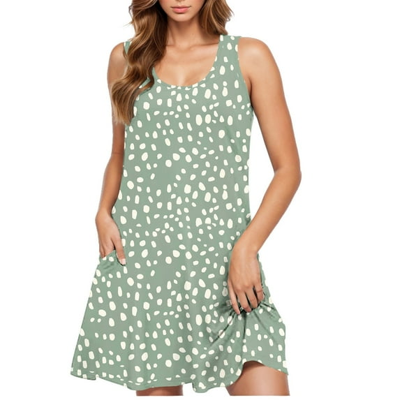 Women's Sleeveless Short Dress Round Neck Floral Casual Print Plus Size Beach Cover Ups L