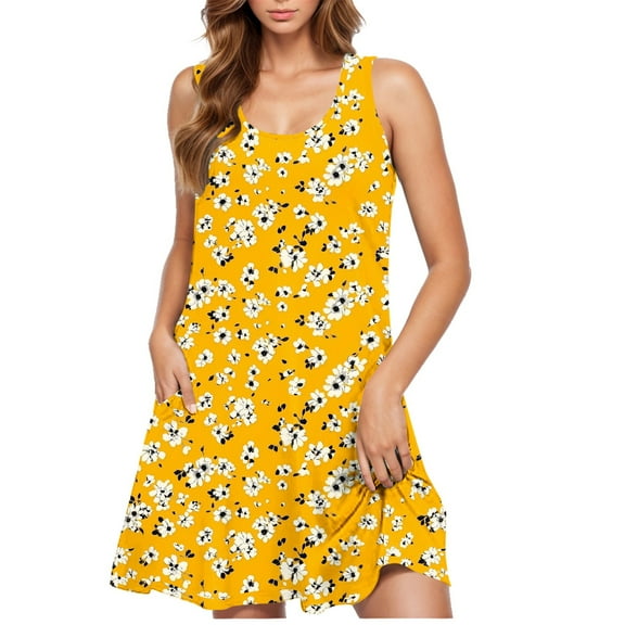 Women's Sleeveless Short Dress Round Neck Floral Casual Print Plus Size Beach Cover Ups S