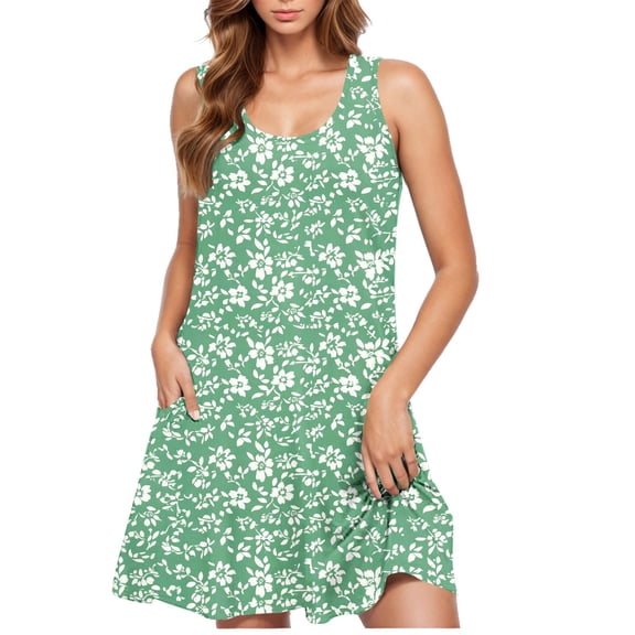 Women's Sleeveless Short Dress Round Neck Floral Casual Print Plus Size Sundresses Beach Cover Ups M