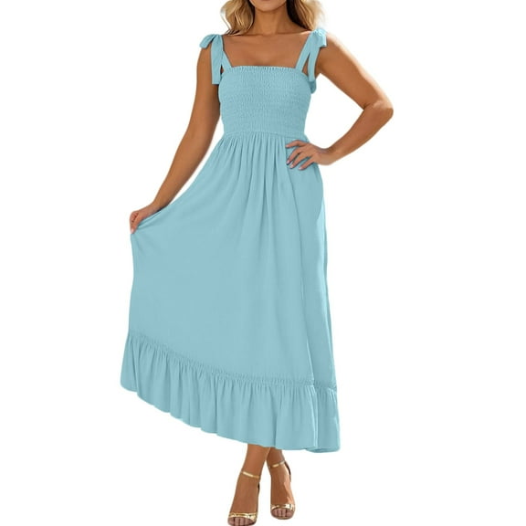 Women's Sleeveless Shoulder Strap Jumpsuit - Pleated Solid Color A-Line Long Skirt with Adjustable Straps & Contrast Design for Beach