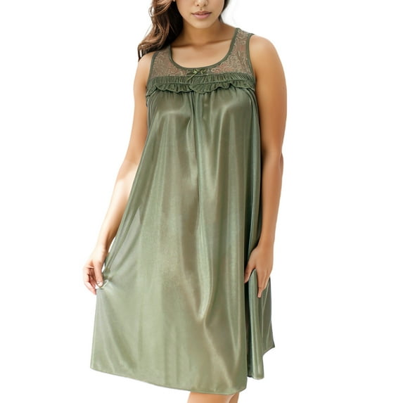 Women's Sleeveless Silky Feeling Nightgown for Women with Floral Lace Design, Olive Green, Size Large