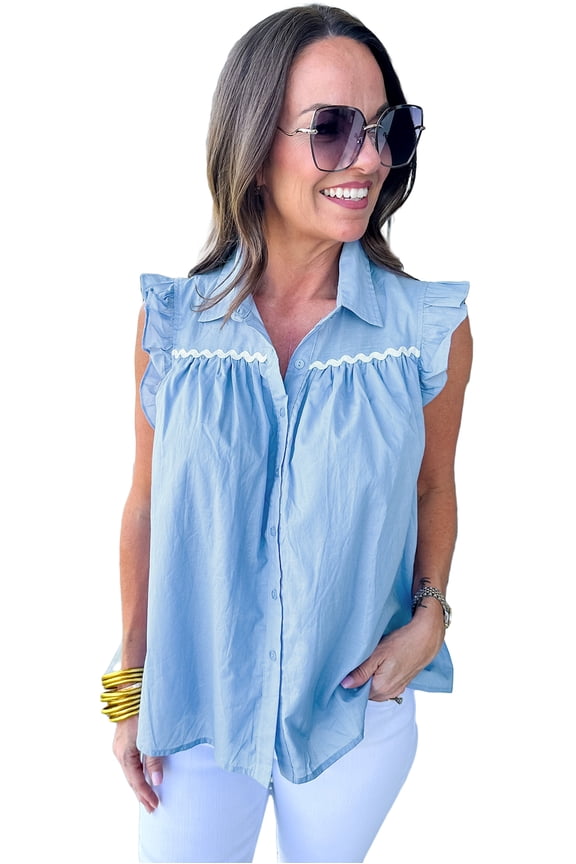 Women's Sleeveless Sky Blue Ric Rac Trim Frilly Shirt - [ZhiHiMeRi] | (US 12-14)L