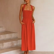 SEROYE Women's Sleeveless Slim Waist Dresses Cross Halter Neck Smocked Casual Dress with Pockets Solid Color Back Tie Mid Length Dress