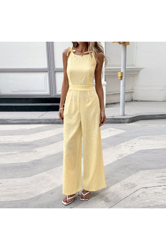 Women's Sleeveless Sling Zipper Jumpsuit, Straight Tube Pants with Soft Polyester Blend Fabric, Zip Front Closure Body Shaping One Piece, Comfy Casual Long Leggings | TruBelle,Yellow L