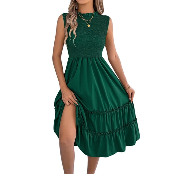 Women's Sleeveless Smocked Ruffle Neck Tiered Casual Flowy Midi Dress Green XL