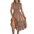 thumbnail image 1 of Women's Sleeveless Smocked Ruffle Neck Tiered Casual Flowy Midi Dress Khaki S, 1 of 10