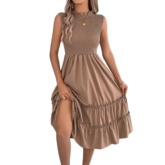 Women's Sleeveless Smocked Ruffle Neck Tiered Casual Flowy Midi Dress Khaki S