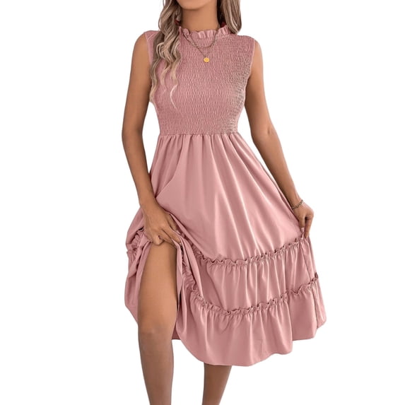 Women's Sleeveless Smocked Ruffle Neck Tiered Casual Flowy Midi Dress Pink L