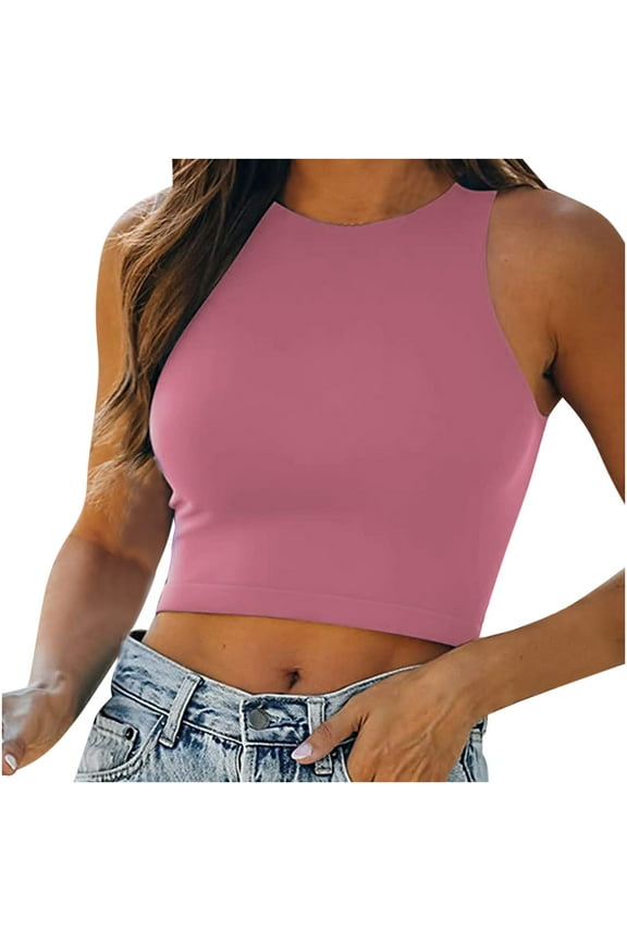Women's Sleeveless Solid Color Crop Top Casual Blouse Round Neck Fit Soft Stretch Fabric for Summer Spring Daily Party Vacation Wear Comfortable Upper