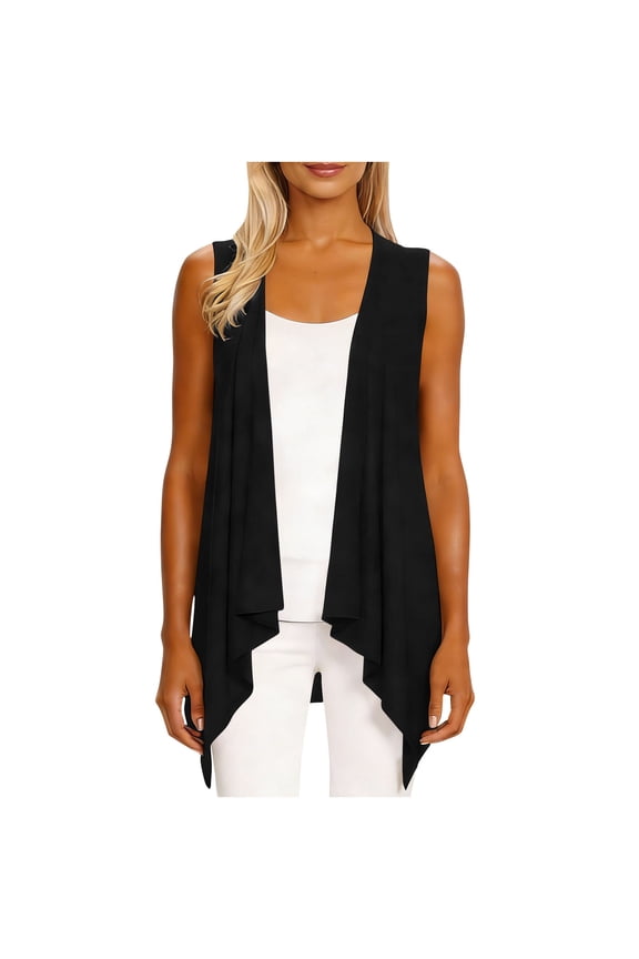 Women's Sleeveless Solid Draped Open Front Cardigan Vest Asymmetric Hem Plus Size