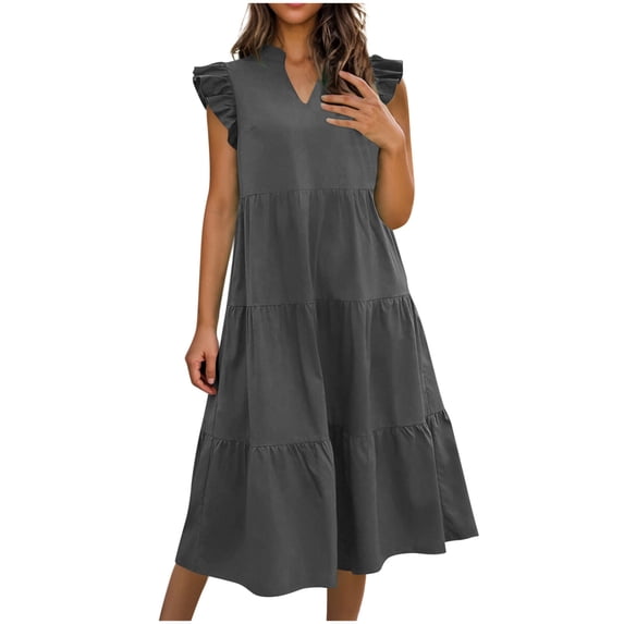 Women's Sleeveless Split V-Neck Solid Casual Dress Ruffle Sleeves Loose Fit Tiered Ruffle Hem Maxi Dress Comfortable Shirt for Daily Wear