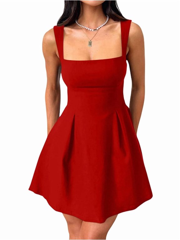Women's Sleeveless Square Neck Adjustable Straps Tie Back A-Line Mini Party Club Dress Red L
