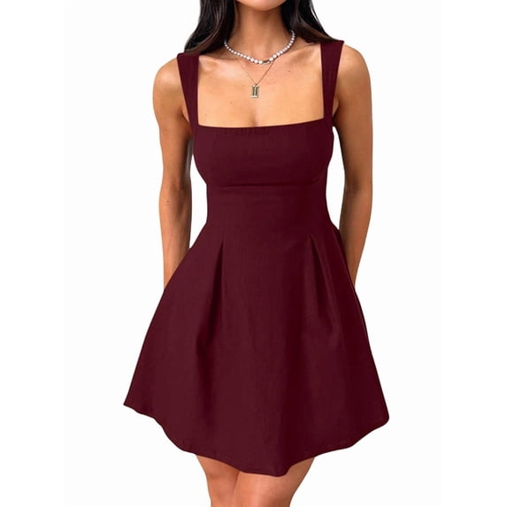 Women's Sleeveless Square Neck Adjustable Straps Tie Back A-Line Mini Party Club Dress Wine Red L